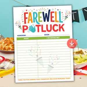 May include: A white paper sign with the colorful text FAREWELL POTLUCK at the top, featuring a blue hand icon, confetti graphics, and a green table with columns for Name and I'm Bringing, ending with the text THANK YOU FOR SHARING FOOD, FRIENDSHIP, AND GOOD MEMORIES TODAY!