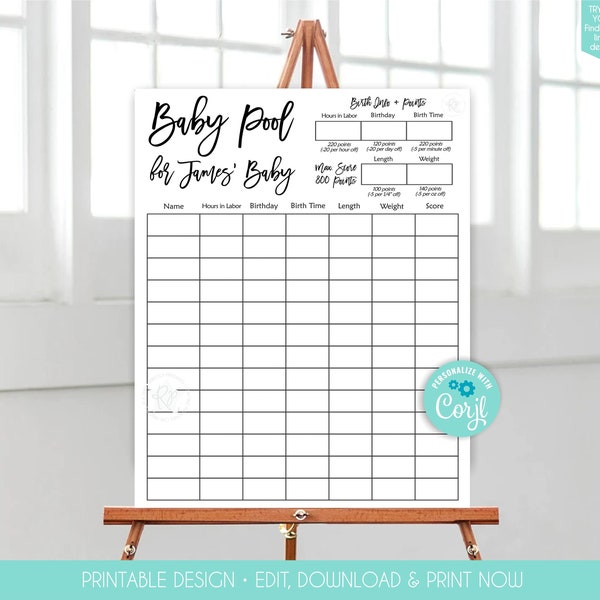 Baby Pool Game Baby Shower Printable Editable Baby Shower Activity Baby's Weight Guessing Game Office Baby Shower Game Baby Pool Game 352