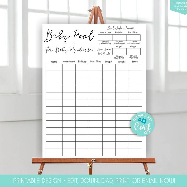 Baby Pool Game Baby Shower Printable Baby Predictions Game Editable Minimalist Baby Shower Activity Baby's Weight Minimalist Office Game 352