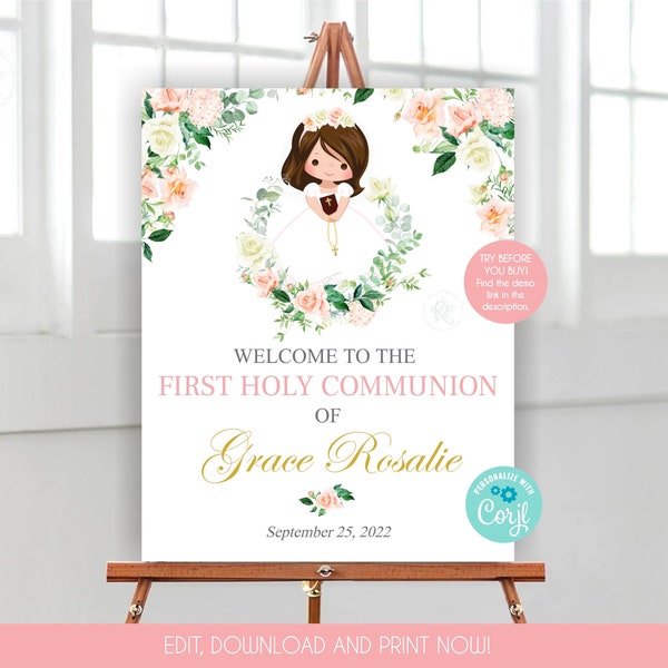 Girl First Communion Sign Printable Communion Welcome Sign Girl Communion Decor 1st Communion Welcome Sign Template Girls Communion Sign 250