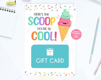 Tarjeta de regalo de helado imprimible Aquí está la primicia Soporte para tarjetas de regalo Regalo para maestros Regalo de agradecimiento para el personal El mejor regalo para maestros Regalo para maestros DIY