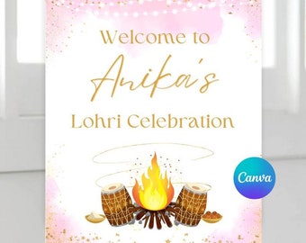May include: A printable sign for a Lohri celebration. The sign is pink with gold glitter and features a bonfire, two drums, and the text "Welcome to Anika's Lohri Celebration".