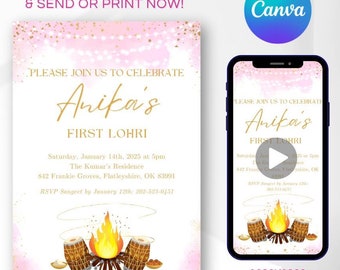 May include: A pink and gold printable invitation for a first Lohri celebration. The invitation features a bonfire, drums, and the text "Please join us to celebrate Anika's First Lohri".