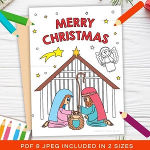 Nativity Coloring Card Printable Christmas Colouring Greeting Card for Kids Christmas Card to Color Church Activity Sunday School Coloring