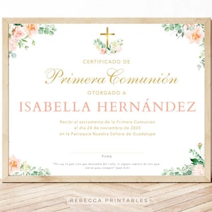 Certificado de Primera Comunion Editable Plantilla Canva Diploma Primera Comunion de Niña Editable Girl Communion Certificate in Spanish