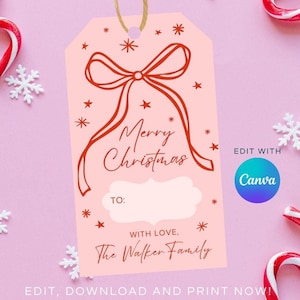 Bow Christmas Gift Tags Printable Pink Christmas Tags Editable Tags Pink Tags Merry Christmas Tags Christmas Favor Tags Pink and Red Tags