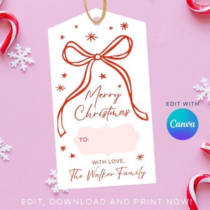 Vintage Weihnachtsgeschenkanhänger druckbare Girly Weihnachtsgeschenkanhänger bearbeitbare Tags Retro Tags Frohe Weihnachten Tags Weihnachtsbevorzugung Tags Rote Schleife Tags