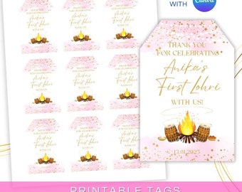 May include: Printable tags with a pink and gold design featuring a campfire and the text "Thank you for celebrating Anika's First Lohri with us!" and the date "13.01.2025".