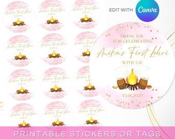 May include: Printable stickers or tags for a first Lohri celebration. The stickers feature a pink watercolor background with gold stars and a campfire with drums. The text reads "Thank you for celebrating Anika's First Lohri with us! 13.01.2025".