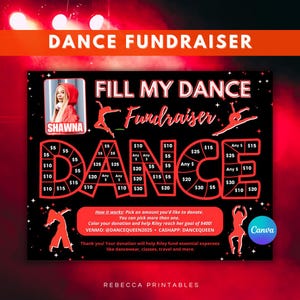 Könnte beinhalten: Ein schwarzes und rotes Tanz-Fundraising-Poster mit dem Text "Dance Fundraiser" oben. Das Poster zeigt ein Foto einer Person namens Shawna, Spendenbeträge und die Worte "Fill My Dance Fundraiser."