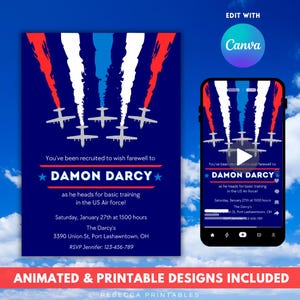 Könnte beinhalten: Eine marineblaue Einladung mit roten, weißen und blauen Akzenten, die Kampfflugzeuge und den Text "DAMON DARCY" mit Veranstaltungsdetails zeigt. Enthält ein Mobiltelefon, das das gleiche Design anzeigt. Die Einladung ist für eine Abschiedsveranstaltung.