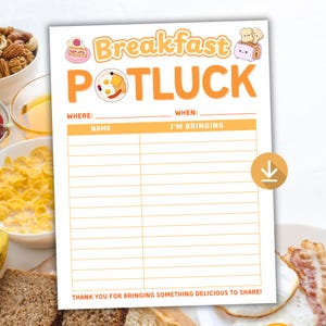 Könnte beinhalten: Ein weißes Blatt Papier mit den Worten "Breakfast Potluck" in Orange, mit Platz zum Schreiben von Namen und Gerichten. Das Design enthält Illustrationen von Essen und einem Toaster. Der Text unten lautet "Vielen Dank, dass Sie etwas Köstliches zum Teilen mitbringen!"