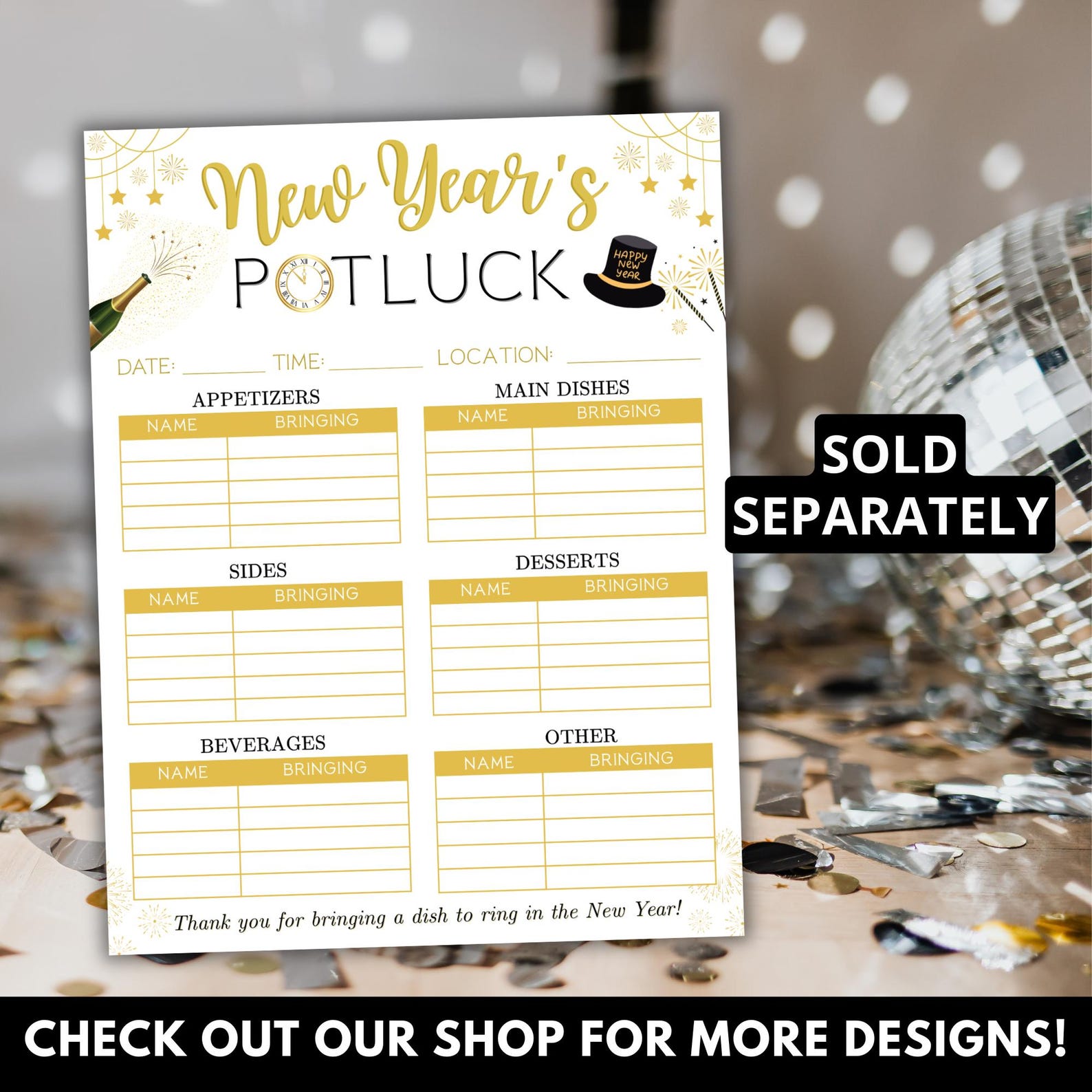 New Year's Potluck Page Sign up Sheet New Years Eve Dinner Planner