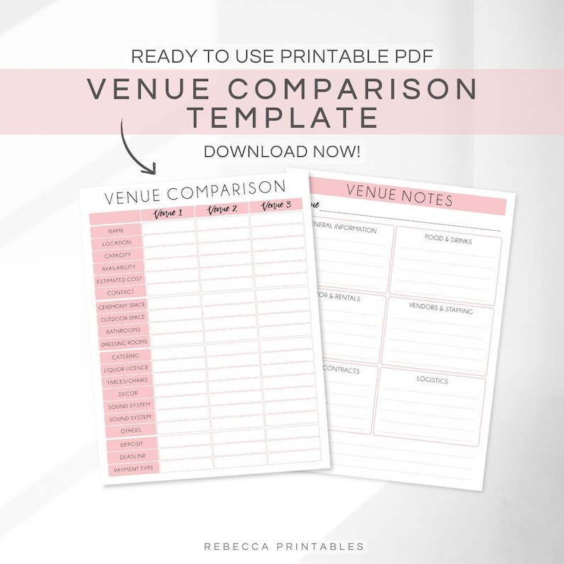 Venue Comparison Printable Wedding Planning Event Planning Venue Checklist Wedding Vendor Tracker Wedding Checklist PDF Letter A4