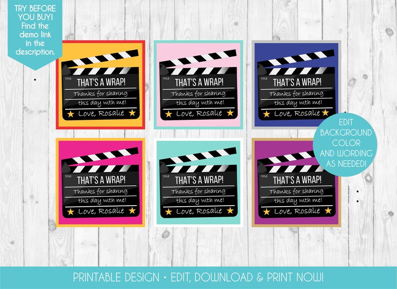 Movie Favor Tags Movie Birthday Favors Clapboard Tags Printable Movie ...