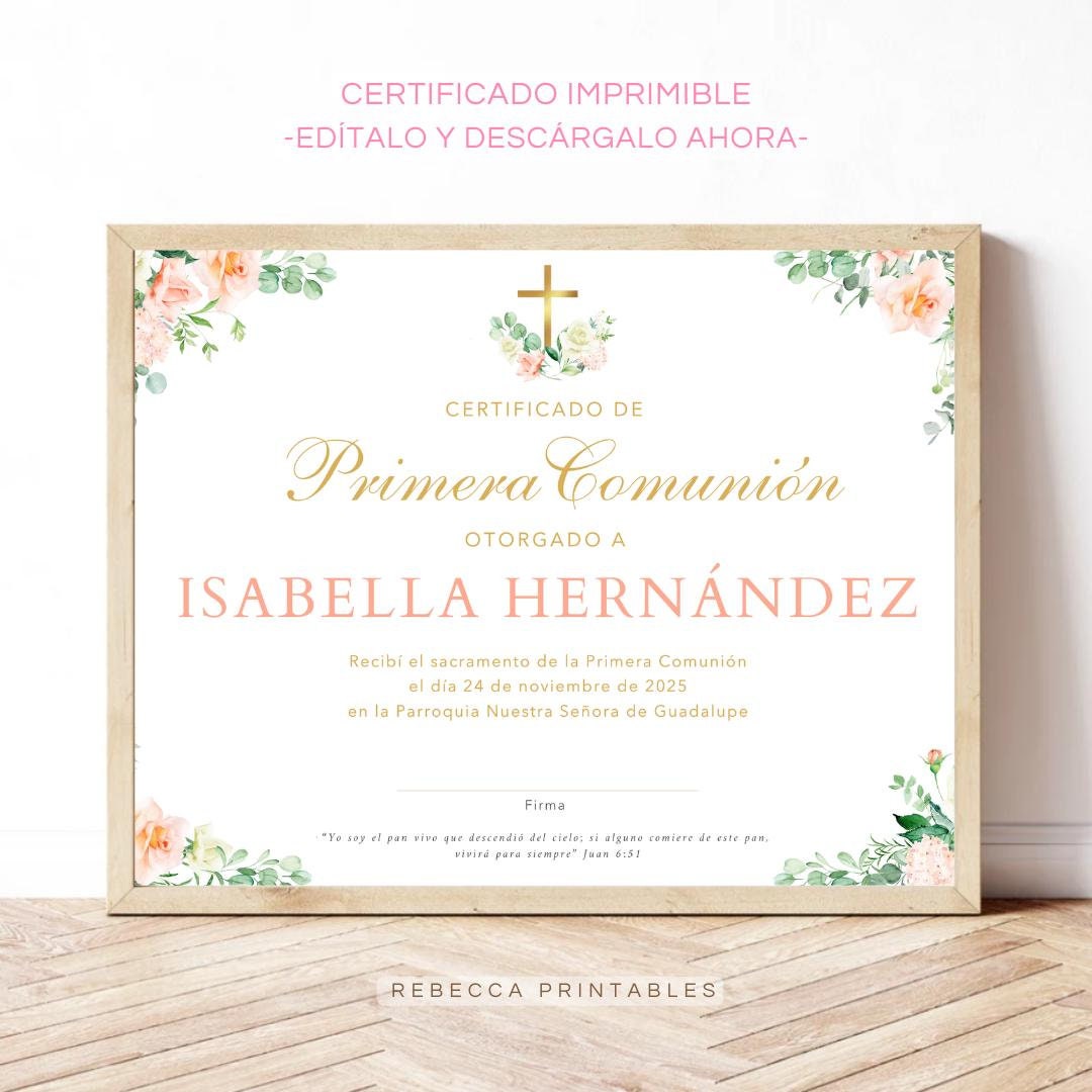 Certificado de Primera Comunion Editable Plantilla Canva Diploma Primera Comunion de Niña Editable Girl Communion Certificate in Spanish