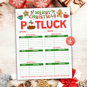 May include: A festive Christmas potluck sign with the words "Merry Christmas Potluck" in green and red. The sign includes sections for appetizers, main dishes, sides, desserts, beverages, and other dishes. The bottom reads "Thank you for adding joy (and food!) to our Christmas celebration!"