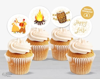 May include: Four cupcakes with white frosting, each topped with a circular image. The images include a bonfire, a drum, dancing figures, and the text "Happy Lohri". The words "Instant Download" are also visible.