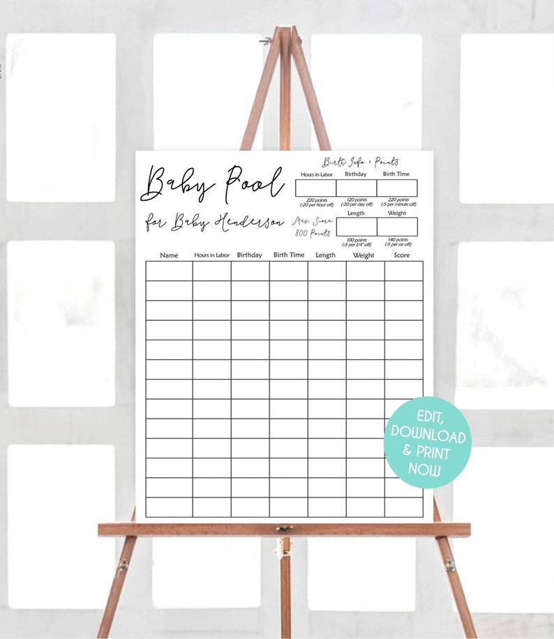 Baby Pool Game Baby Shower Printable Baby Predictions Game Editable