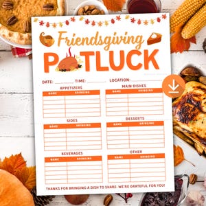 Könnte beinhalten: Ein druckbares Friendsgiving Potluck-Blatt mit orangefarbenem Text und Grafiken. Das Blatt enthält Abschnitte für Vorspeisen, Hauptgerichte, Beilagen, Desserts, Getränke und andere Gerichte. Der Text lautet: "Vielen Dank, dass Sie ein Gericht mitbringen. Wir sind dankbar für Sie!"