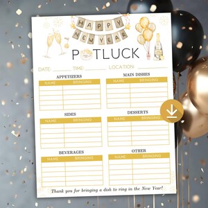 Puede incluir: Un planificador imprimible de fiesta Potluck de Año Nuevo con detalles dorados y blancos. El diseño incluye secciones para aperitivos, platos principales, guarniciones, postres, bebidas y otros platos. Las palabras "Happy New Year" están en la parte superior.