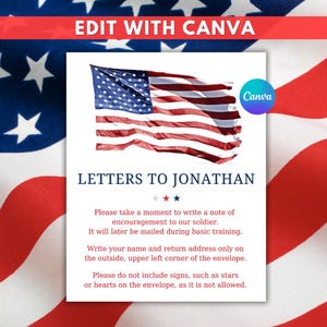 Op de afbeelding: Een witte kaart met de tekst "LETTERS TO JONATHAN" en een illustratie van de Amerikaanse vlag. De kaart bevat instructies voor het schrijven van een bemoedigende brief aan een soldaat. De achtergrond toont een Amerikaanse vlag.
