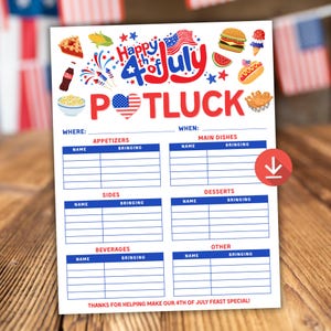 May include: A white paper potluck sign with red, white, and blue graphics for the 4th of July. The sign includes sections for appetizers, main dishes, sides, desserts, beverages, and other dishes. The sign has a download icon.