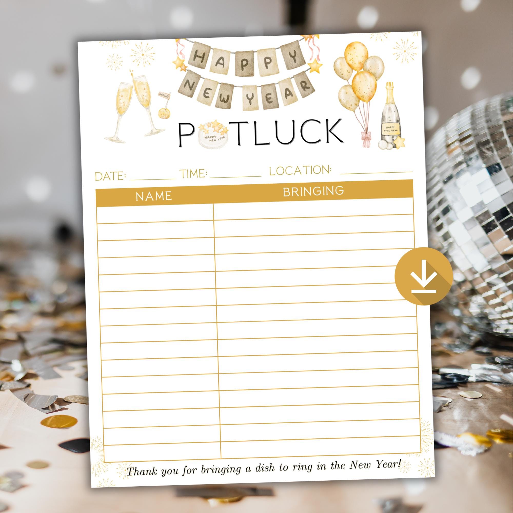 New Years Potluck Page Sign up Sheet New Years Dinner Planner Printable ...