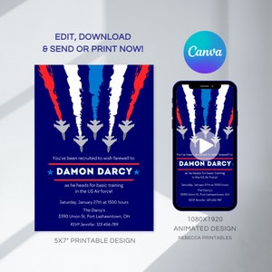 May include: A blue and red printable invitation with a graphic of fighter jets flying in formation. The invitation reads "You've been recruited to wish farewell to Damon Darcy as he heads for basic training in the US Air Force!"  Saturday, January 27th at 1500 hours. The Darcy's 3390 Union St, Port Lashawntown, OH. RSVP Jennifer: 123-456-789. 5x7" Printable Design.