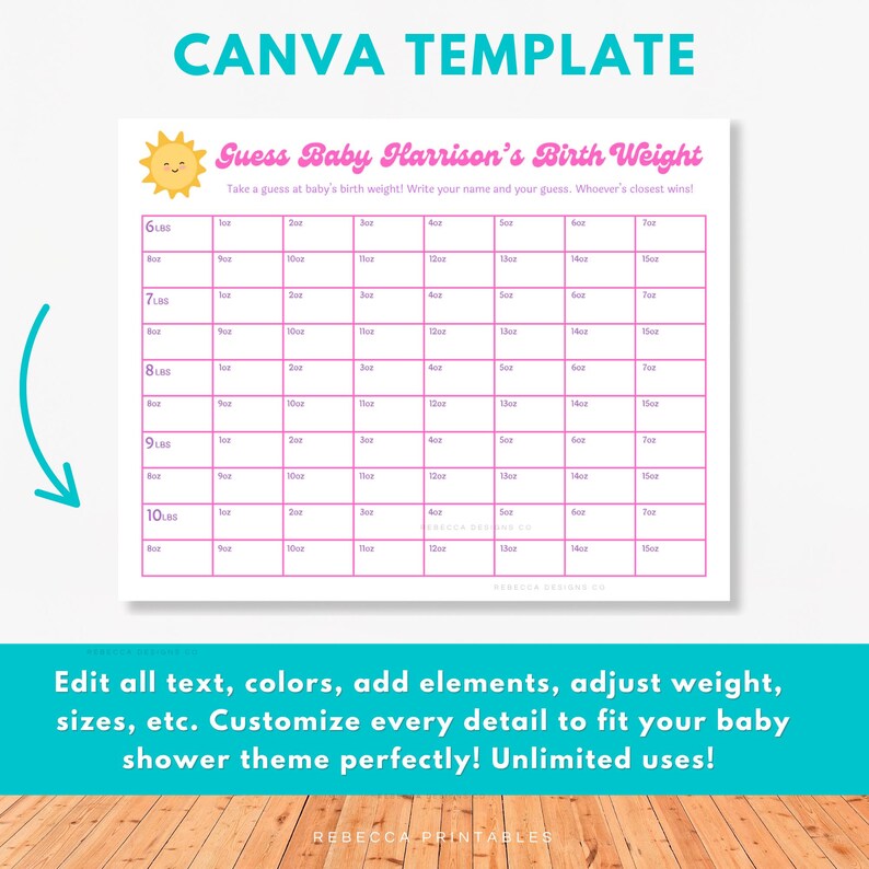 Guess The Baby's Weight Baby Bet Pool Game Baby Shower Game School Baby Shower Game Baby Pool Template Printable Office Game 352 image 3