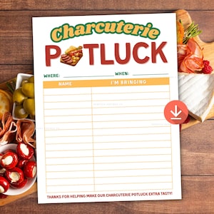 Könnte beinhalten: Ein weißes Charcuterie-Potluck-Schild mit den Worten "Charcuterie POTLUCK" in Grün und Rot. Das Schild enthält Abschnitte für "Wo", "Wann", "Name" und "Ich bringe". Unten steht: "DANKE, DASS SIE UNSER CHARCUTERIE-POTLUCK EXTRA LECKER MACHEN!"