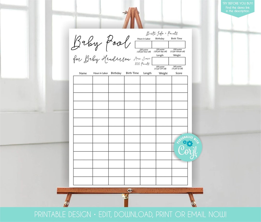 Baby Pool Game Baby Shower Printable Baby Predictions Game Editable