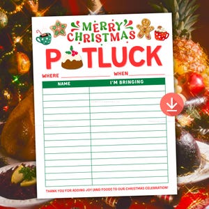 Puede incluir: Un letrero festivo de potluck navideño con las palabras "Merry Christmas Potluck" en rojo y verde. El letrero incluye espacios para rellenar dónde y cuándo es el potluck, junto con una lista para nombres y lo que traen. Se incluyen ilustraciones festivas de hombres de jengibre y tazas de chocolate caliente.