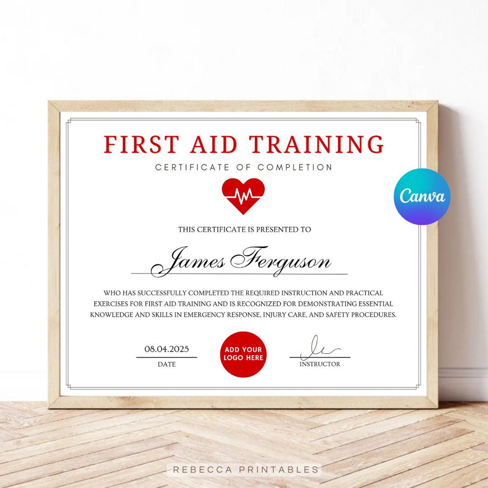 First Aid Certificate Template Editable CPR Certification Printable ...