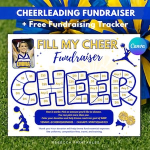 Könnte beinhalten: Eine blau-weiße Fundraising-Tabelle mit dem Text "FILL MY CHEER Fundraiser". Die Tabelle hat Felder zum Ausmalen mit Beträgen von 5 € bis 30 €. Das Bild enthält den Text "CHEERLEADING FUNDRAISER".