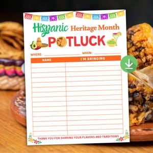 Peut inclure: Une affiche blanche pour un potluck du Mois du patrimoine hispanique, avec du texte et des graphiques colorés. L'affiche comprend des espaces pour les noms et les plats, avec les mots "Où" et "Quand" en haut. Décorée de bannières festives et d'éléments floraux.