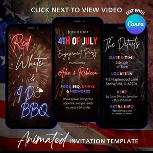 Modèle d'invitation rouge blanc et barbecue du 4 juillet modifiable Fête de fiançailles barbecue d'été mariage vidéo du 4 juillet Invitation douche nuptiale de juillet