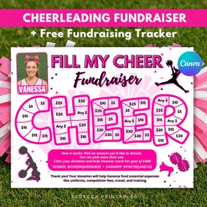May include: A pink and white printable cheerleading fundraiser with a picture of a girl in a cheerleading uniform. The text "FILL MY CHEER Fundraiser" is in a pink and white font. The fundraiser has a grid of squares with different dollar amounts in each square. The text "VENMO: @CHEERQUEEN2025 CASHAPP: SPIRITSQUAD123" is at the bottom of the page.