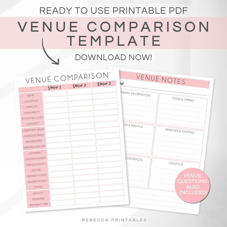 Venue Comparison Printable Wedding Planning Event Planning Venue Checklist Wedding Vendor Tracker Wedding Checklist PDF Letter A4
