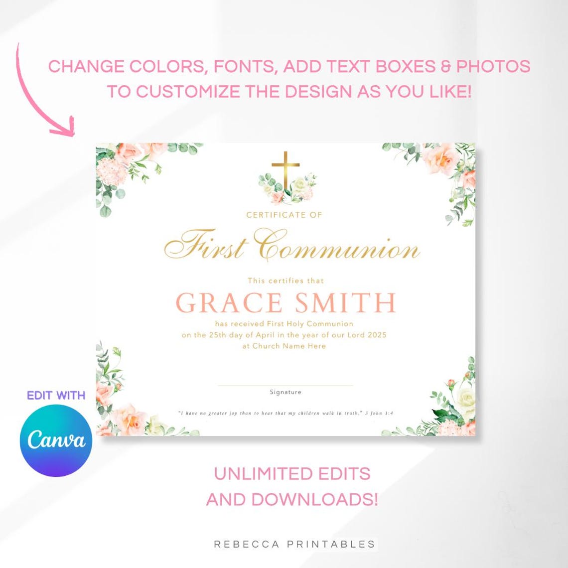 First Communion Certificate Template Editable Girl First Holy Communion ...