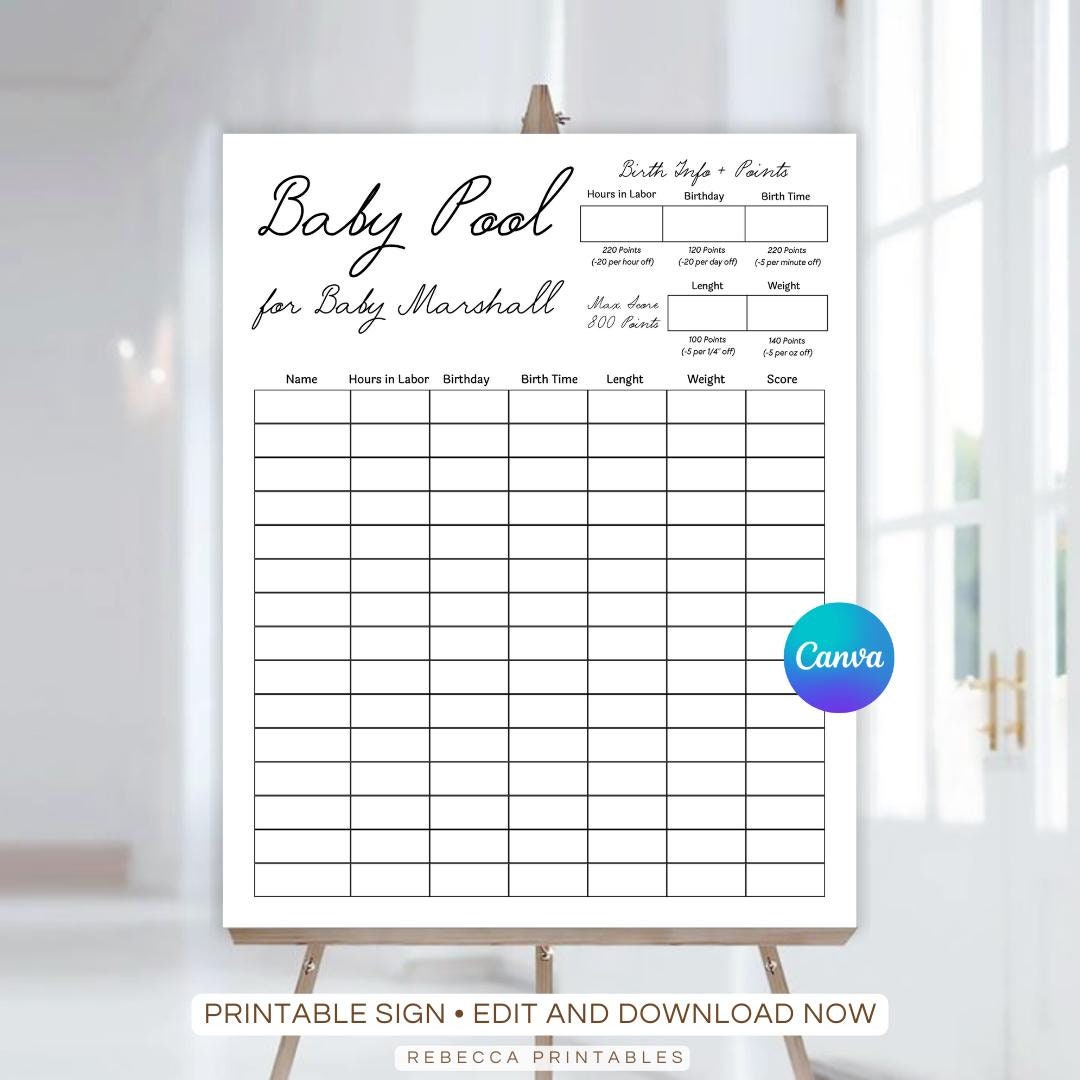 Baby Pool Game Baby Shower Printable Baby Predictions Game Editable Minimalist Baby Shower Activity Baby's Weight Minimalist Office Game 352