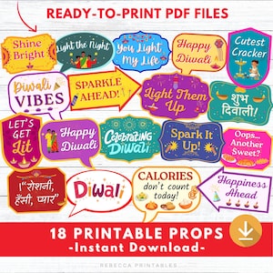 May include: A collection of 18 printable photo booth props for Diwali celebrations. The props are speech bubbles and arrows with festive messages like "Happy Diwali," "Shine Bright," and "Sparkle Ahead!" in various colors and fonts.