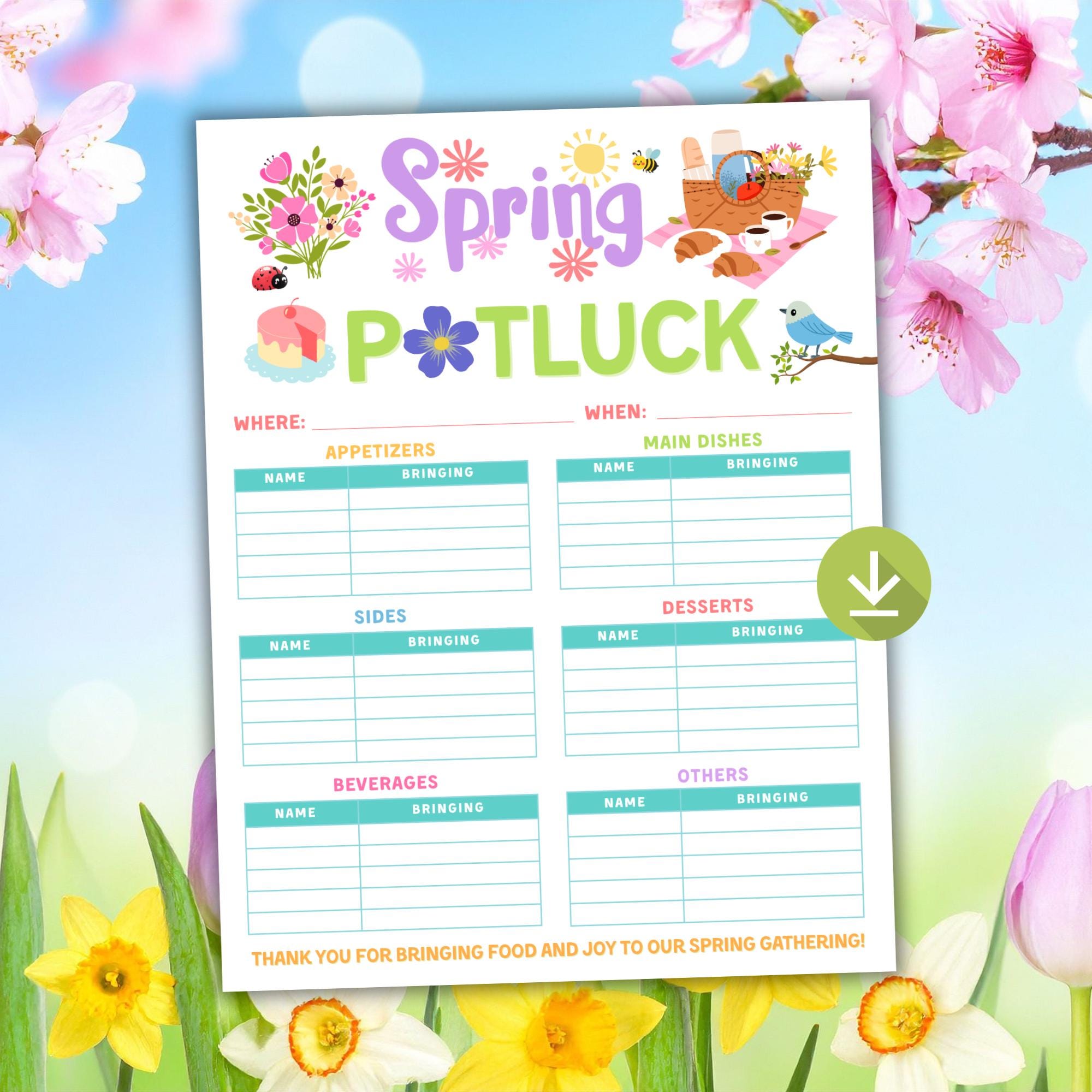 Spring Potluck Sign up Sheet Spring Picnic School Spring Fling Planner ...
