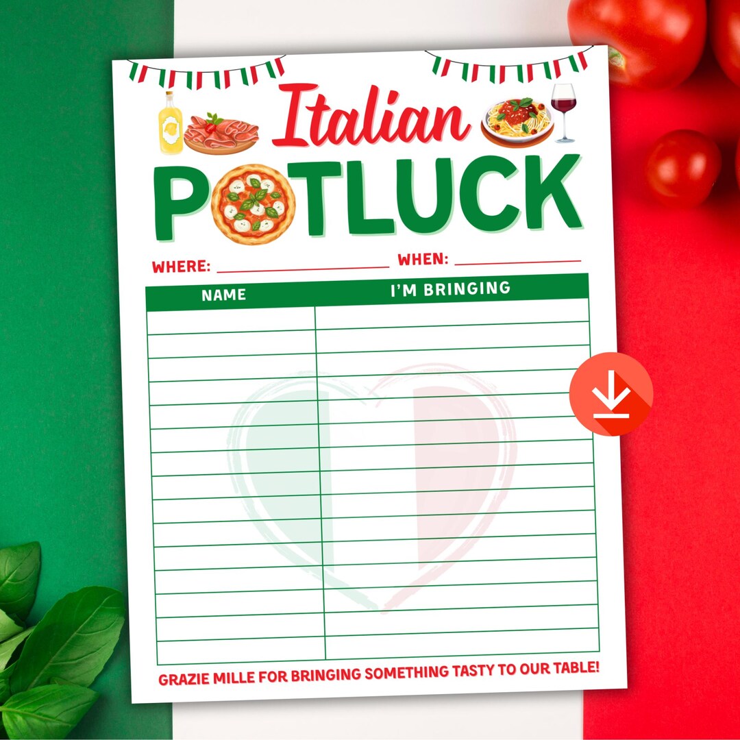 Italian Potluck Sign-up Sheet Italian Food Party Printable Office ...