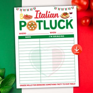 May include: A white Italian Potluck party invitation with red, green, and white accents. The invitation includes the text "Italian Potluck" and has spaces for "Where," "When," "Name," and "I'm Bringing."