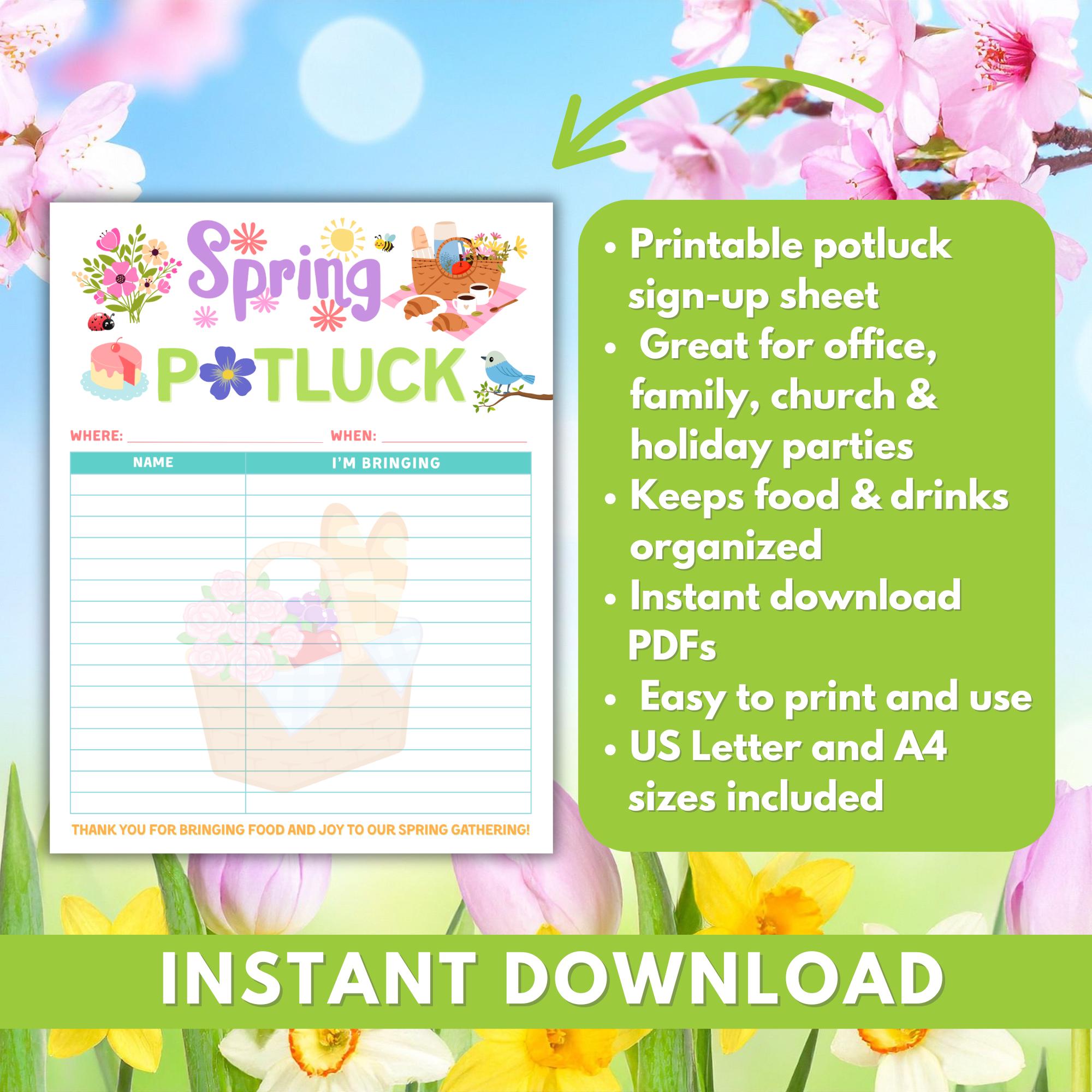 Spring Potluck Signage Spring Potluck Sign up Sheet Spring Fling Spring Picnic School Planner ...