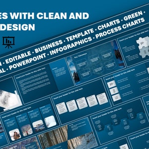 May include: A collection of 50+ PowerPoint slides with a clean and modern design. The slides feature a blue background with white text and graphics. The slides are designed for business presentations, infographics, and process charts. The slides are editable and include charts, graphs, and diagrams.