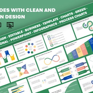 Könnte beinhalten: Eine Sammlung von über 80 PowerPoint-Folien mit einem klaren und modernen Design. Die Folien enthalten verschiedene Diagramme, Infografiken und Prozessdiagramme in den Farben Grün, Gelb, Blau und Rot. Die Folien sind editierbar und können für Business-Präsentationen verwendet werden.