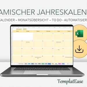 Puede incluir: Una pantalla de computadora portátil que muestra una plantilla de calendario amarilla y blanca para octubre de 2023. La plantilla está etiquetada como "Dynamischer Jahreskalender" y "Kalender - Monatsübersicht - To Do - Automatisert". La imagen también incluye dos iconos: un icono de Excel verde y un icono de descarga.