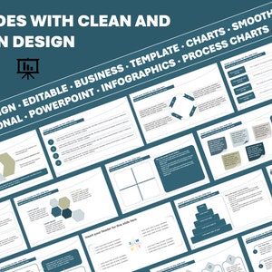 Könnte beinhalten: Eine Sammlung von über 50 PowerPoint-Folien mit einem klaren und modernen Design. Die Folien bieten verschiedene Diagramme, Infografiken und Vorlagen für Business-Präsentationen. Der Text auf dem Bild lautet "50+ Folien mit klarem und modernem Design" und "Klares Design - Bearbeitbar - Business - Vorlage - Diagramme - Glatt - Professionell - PowerPoint - Infografiken - Prozessdiagramme".